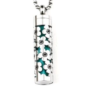 Stainless Steel Essential Oil Diffuser Necklace Floral Cylinder 28”